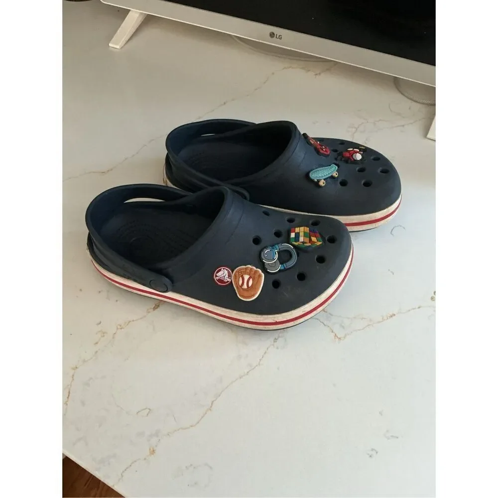 Crocs Crocband Navy Red Sz J2 Rubber Clogs with Jibbitz